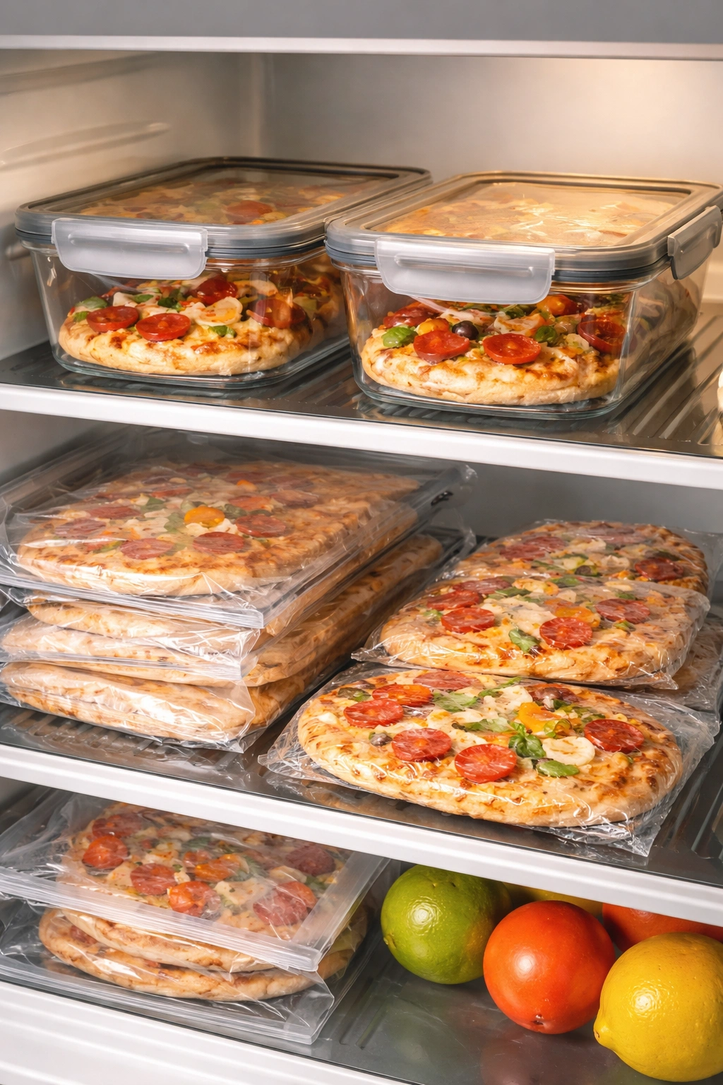 Refrigerator shelf with containers of leftover naan pizzas
