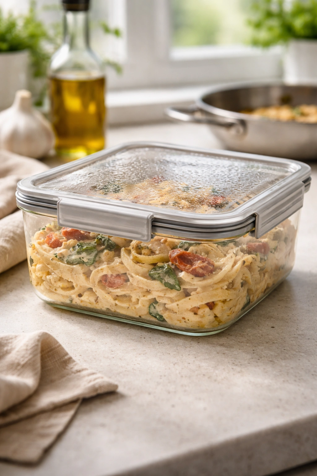Leftover creamy Tuscan pasta in airtight container for storage and reheating