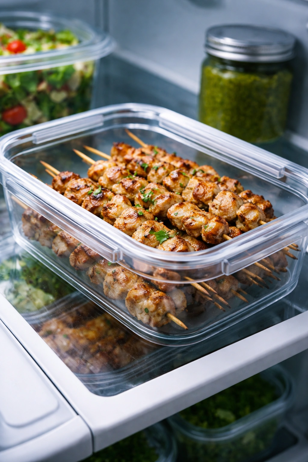Cooked skewers in airtight container on fridge shelf