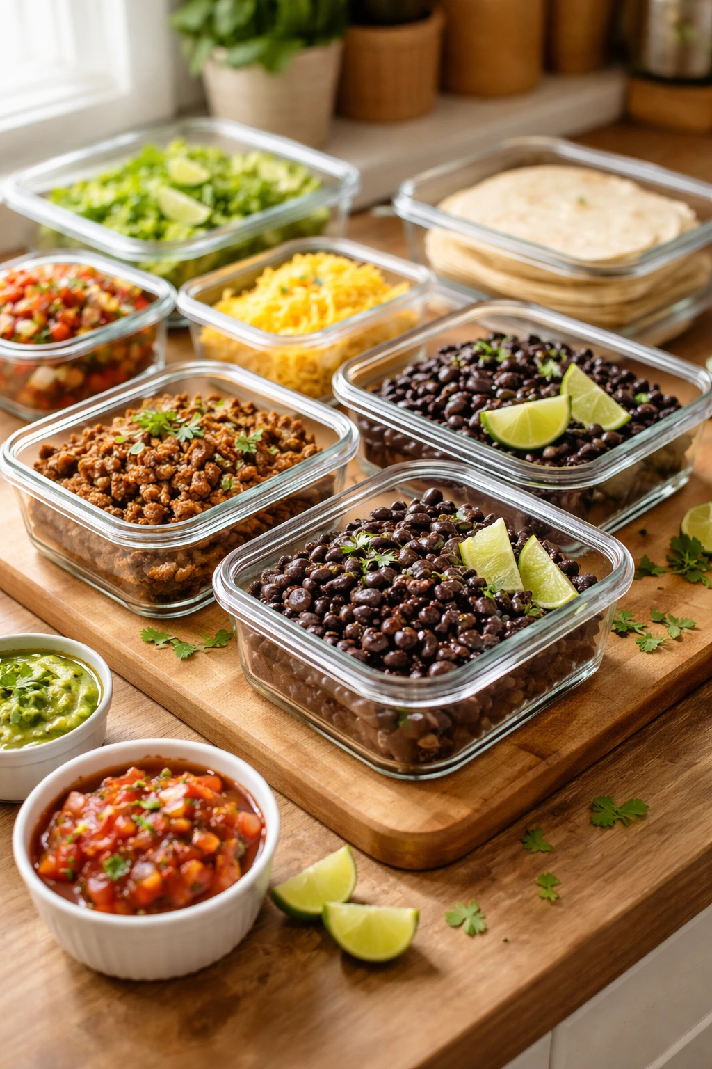 Clear glass meal-prep containers with cooked taco leftovers on a wooden counter, no text