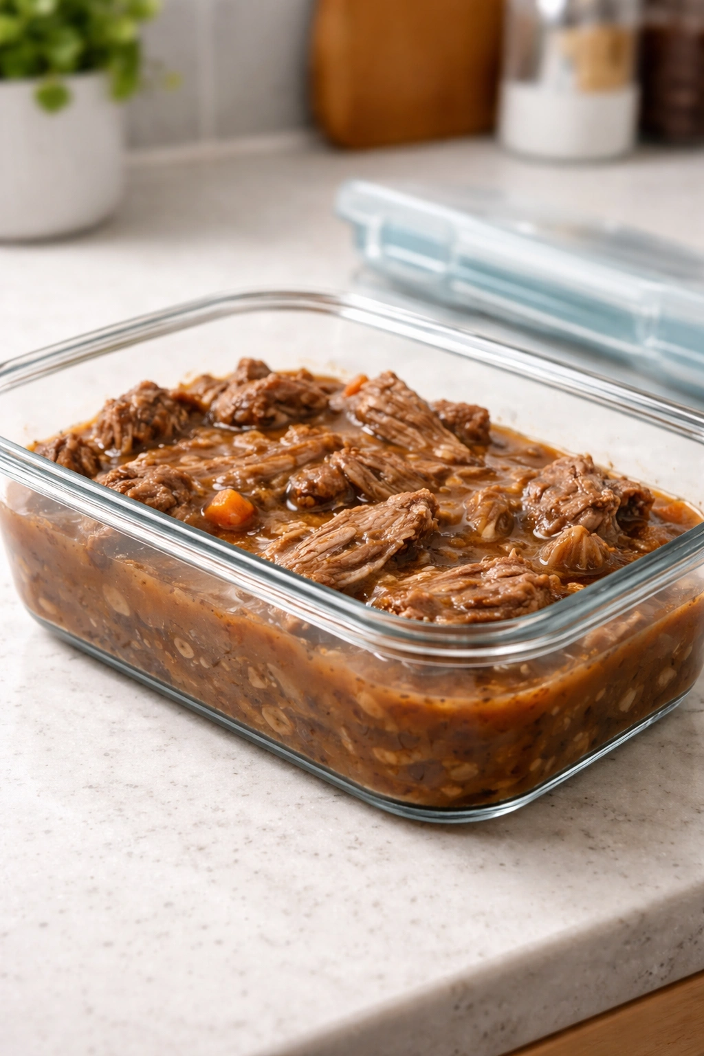 Leftover roast in airtight container for storing and reheating