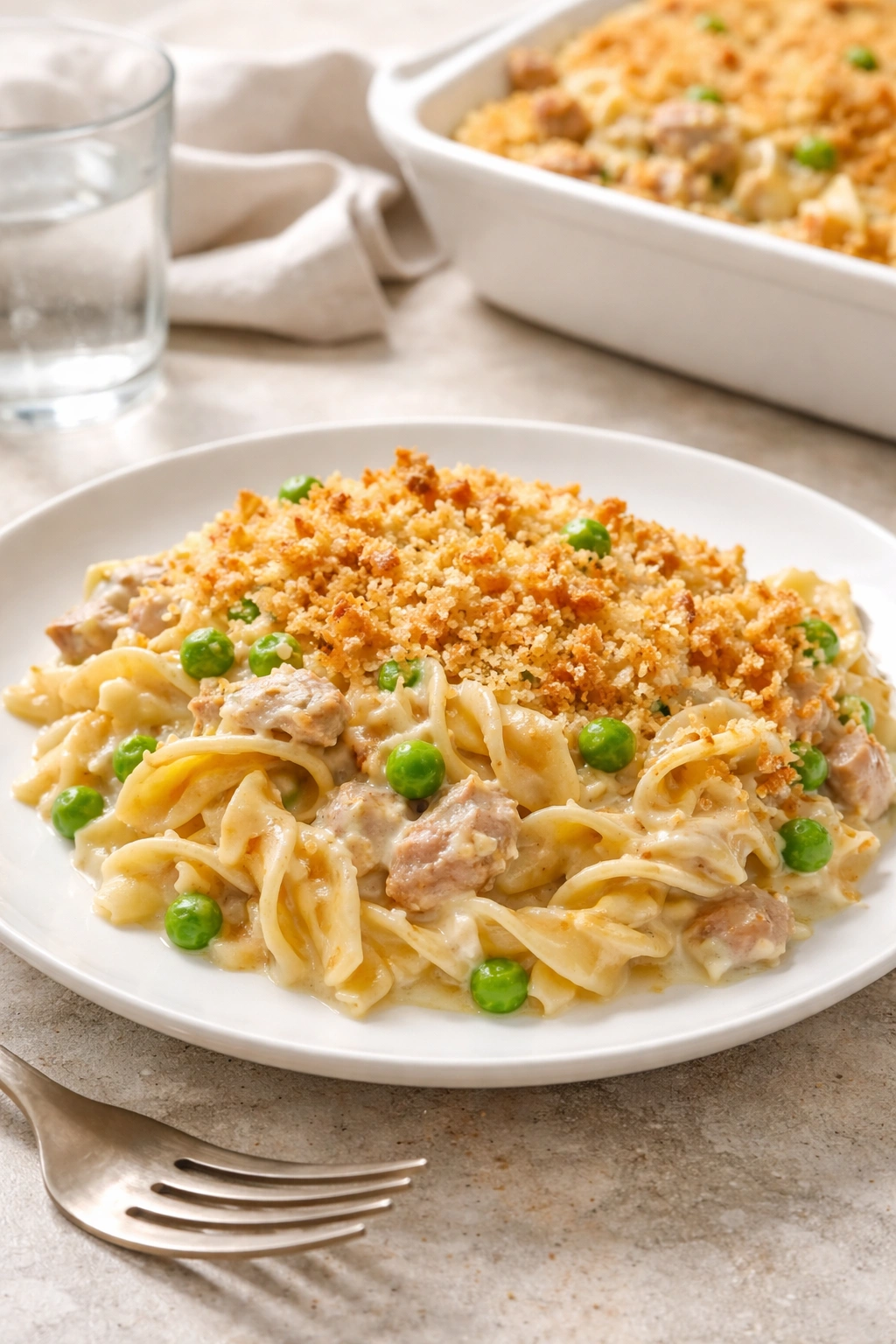 Close-up of tuna noodle casserole leftovers on a plate with breadcrumb topping