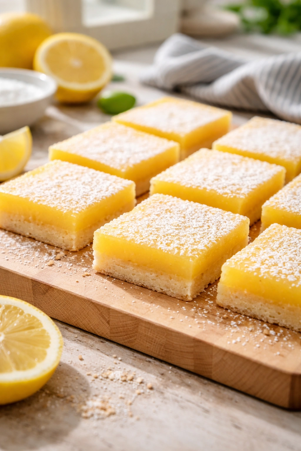 Close-up of lemon bars with shortbread base on a wooden cutting board