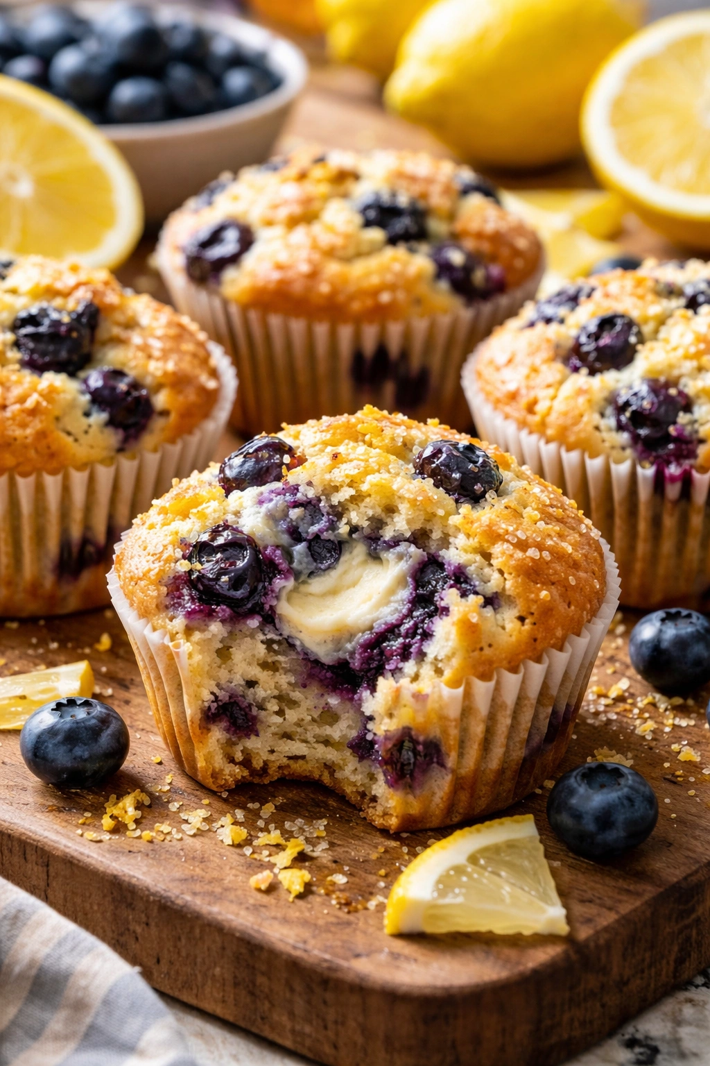 Lemon blueberry muffin with visible zest and blueberries