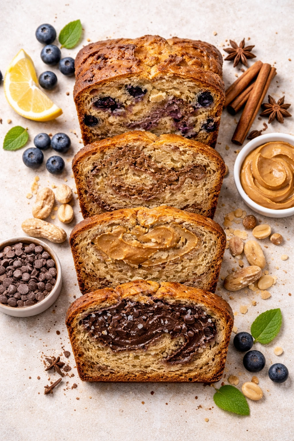 Cross-section banana bread showing lemon-blueberry, chai-spice, peanut butter, and chocolate-sea-salt swirls