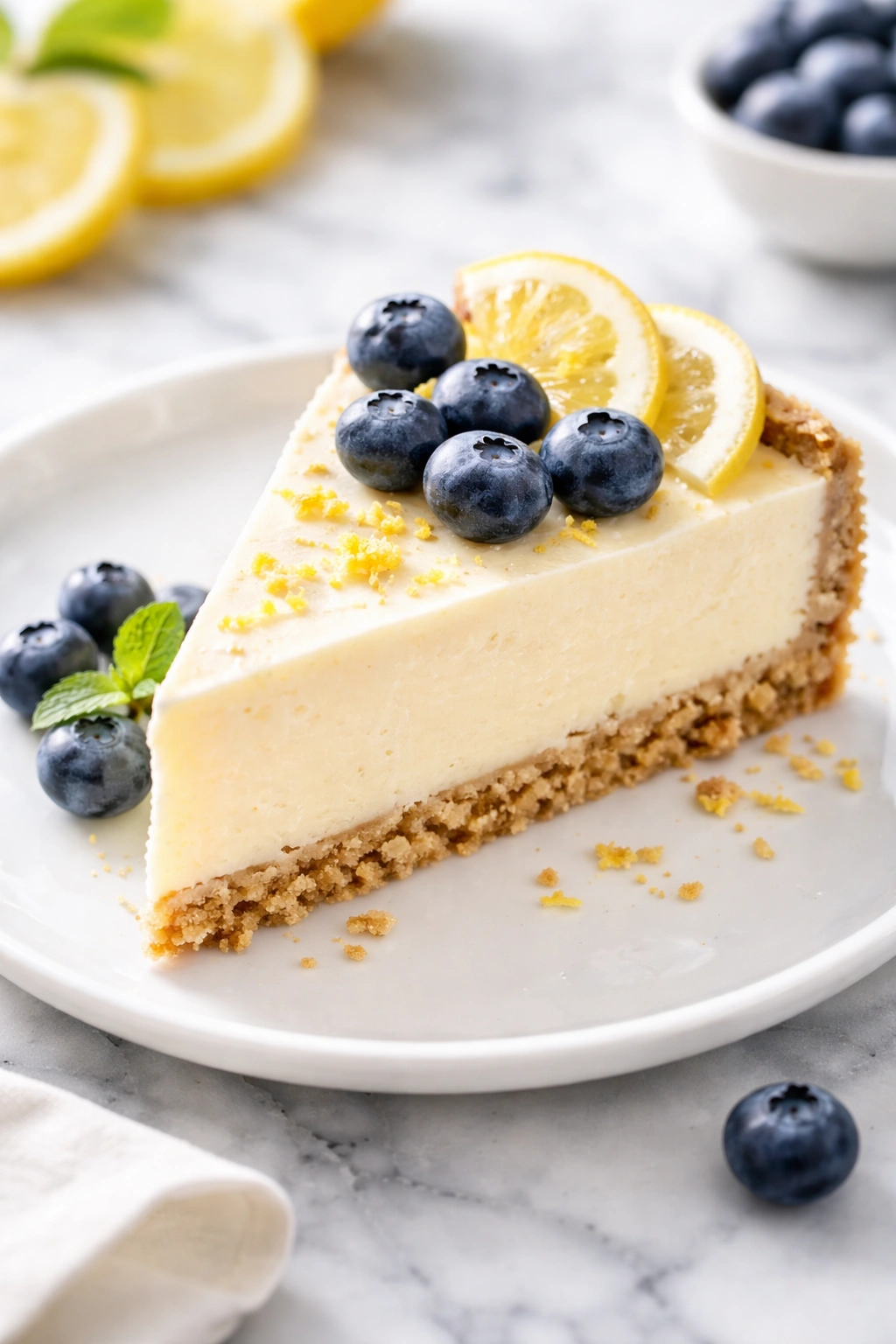 Lemon blueberry cheesecake slice on plate with almond crust
