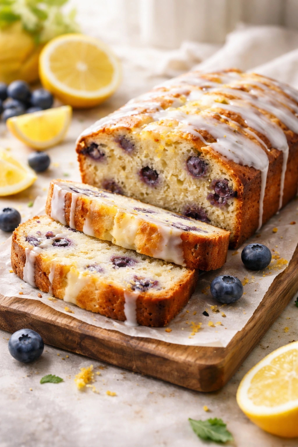 Lemon blueberry loaf slices on a wooden board with natural light