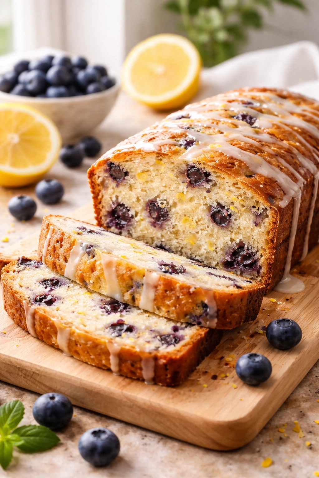 Moist lemon blueberry loaf slice showing tender crumb and lemon zest
