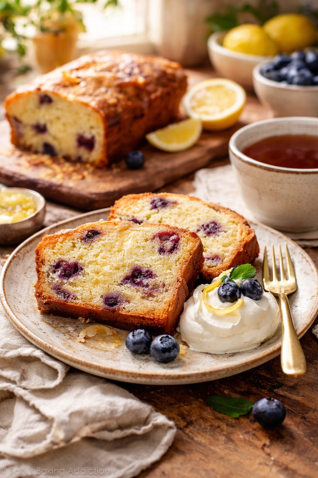 Lemon blueberry loaf slices with whipped cream and tea on a rustic table