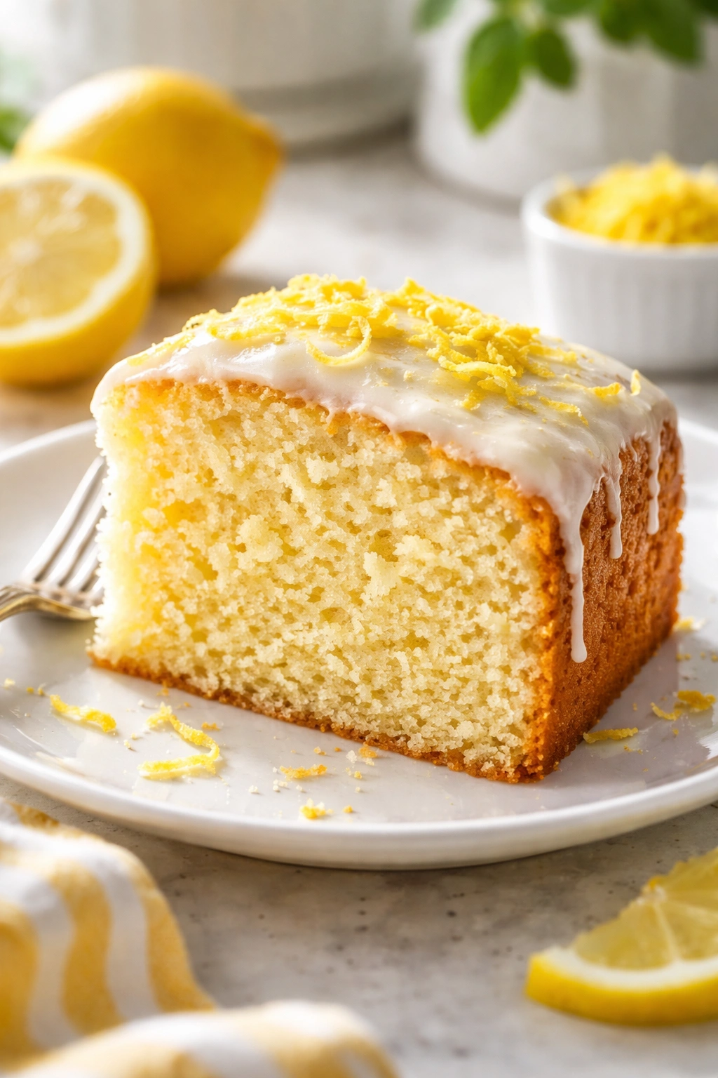 Close-up of a moist lemon cake slice with visible lemon zest on a white plate