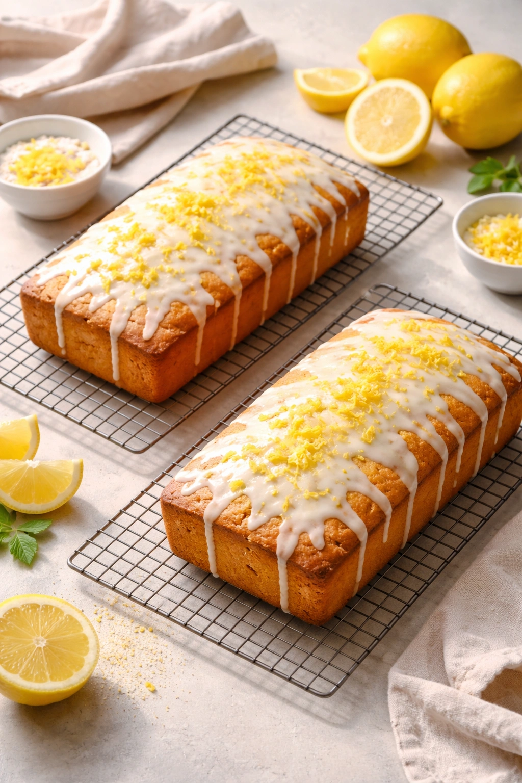 Two lemon cakes on cooling racks illustrating doubling the recipe