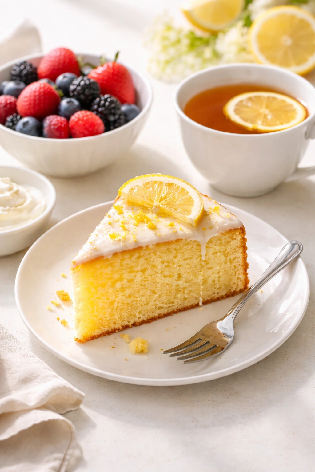 Lemon cake slice with tea and berries on a white plate