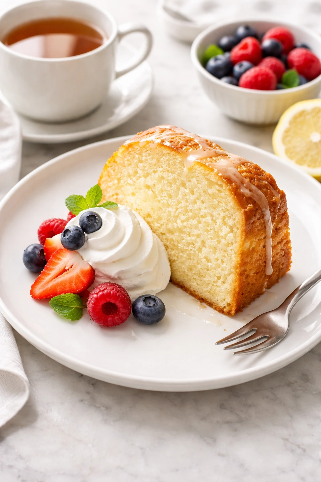 Lemon pound cake slice with whipped cream and berries