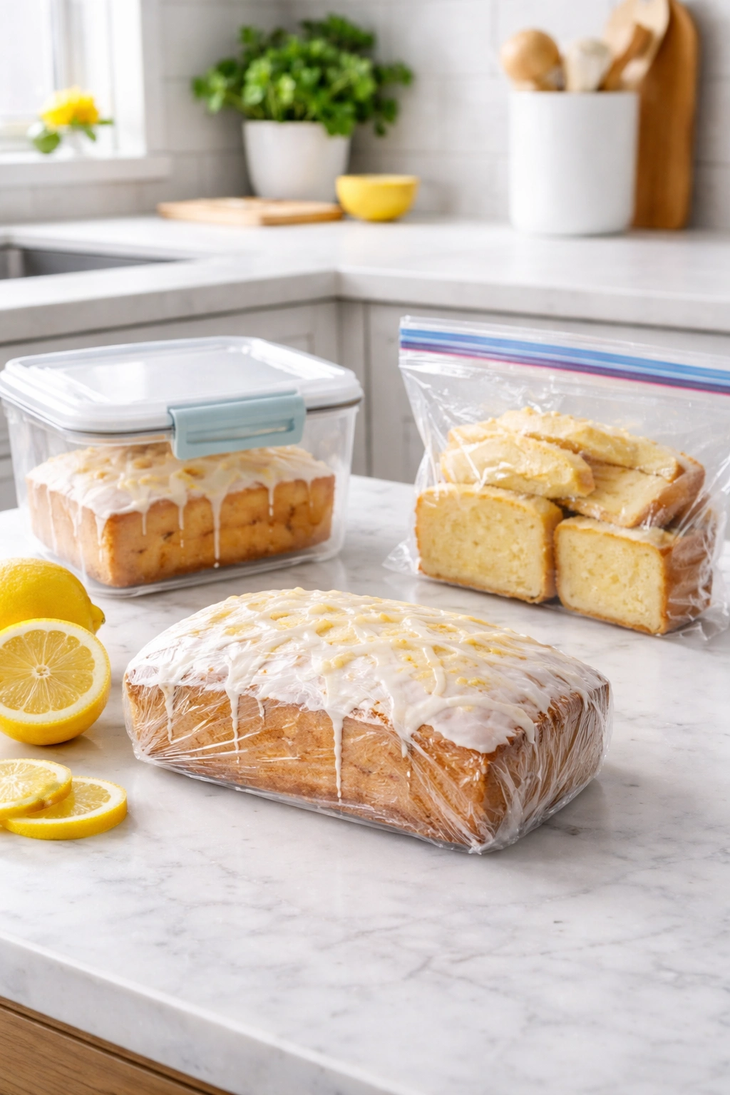 Lemon cake stored with plastic wrap and container for make-ahead options