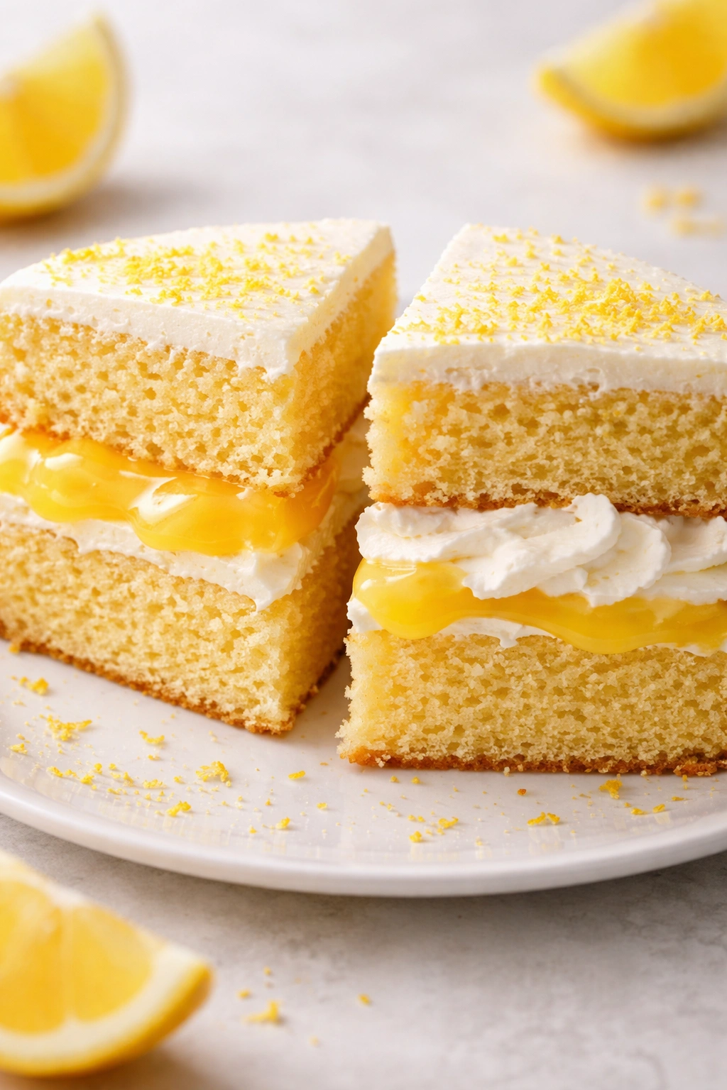 Lemon cake cross-section showing two filling variations