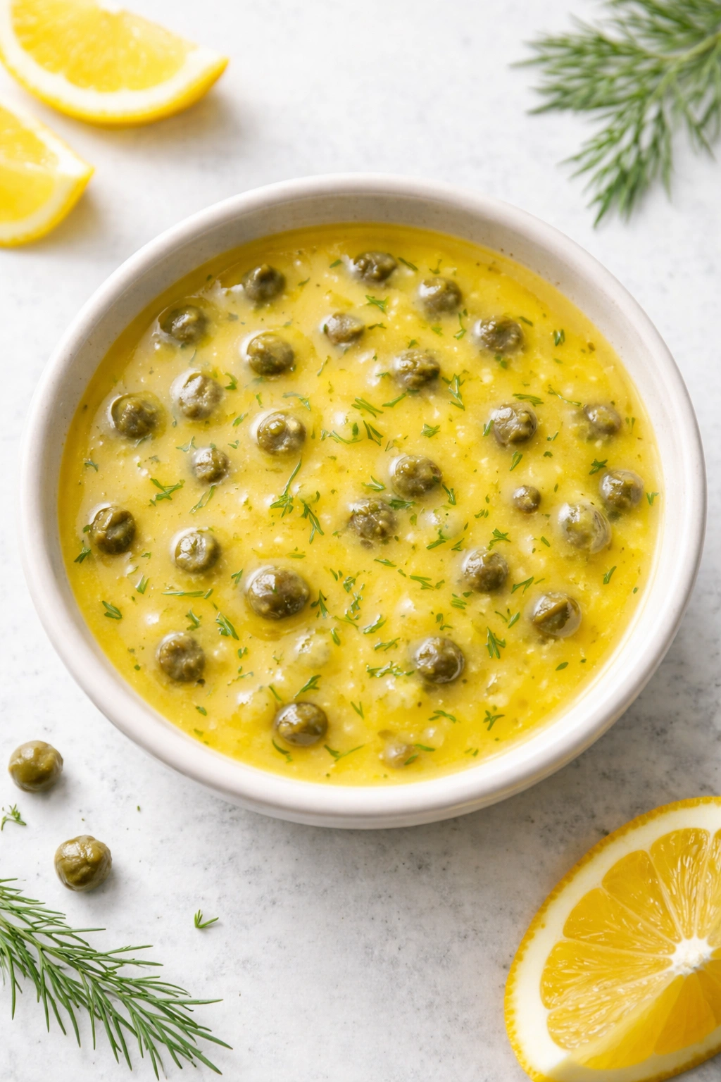 Glossy lemon caper sauce with capers in a small bowl