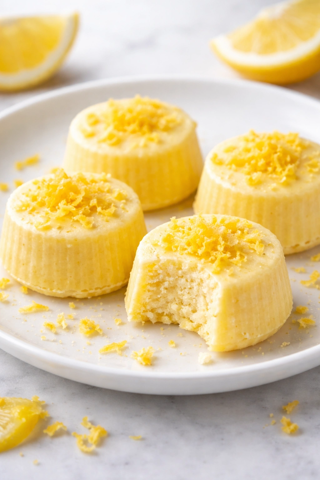 Four lemon cheesecake fat bombs on a white plate, bright yellow color