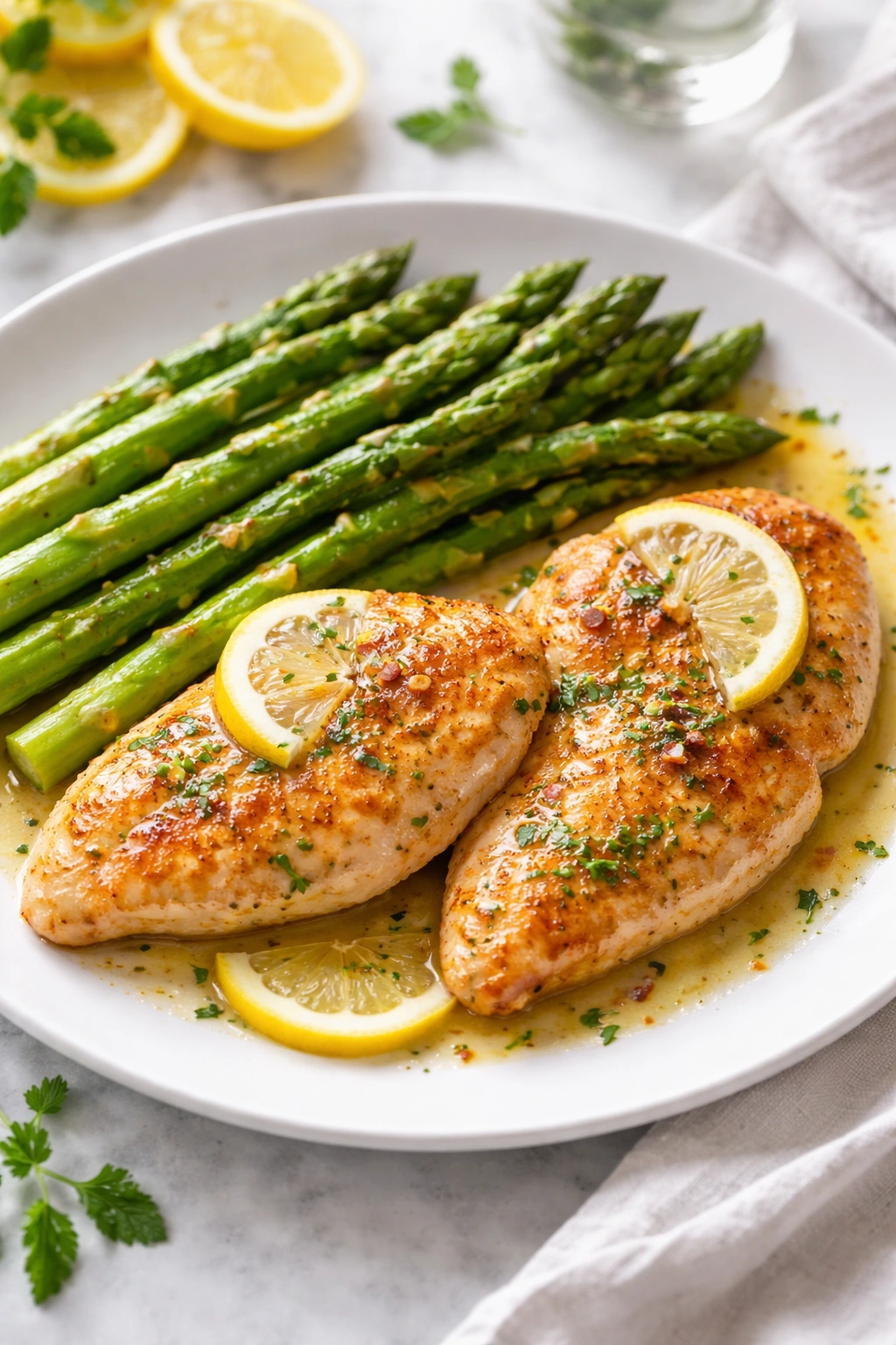 Golden lemon chicken with asparagus on a white plate, bright and fresh