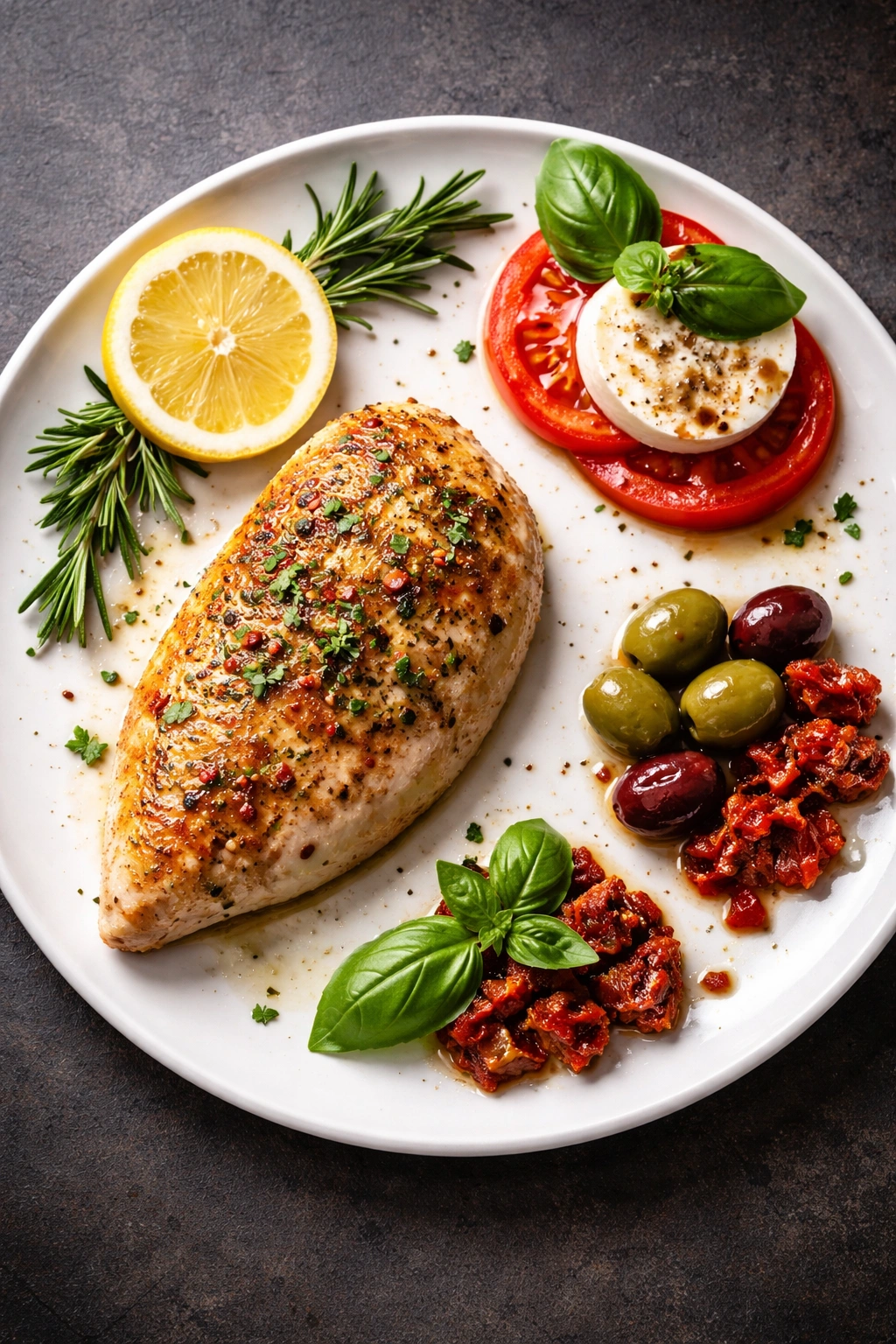 Chicken breast plated with lemon, Caprese elements, and olives for variations
