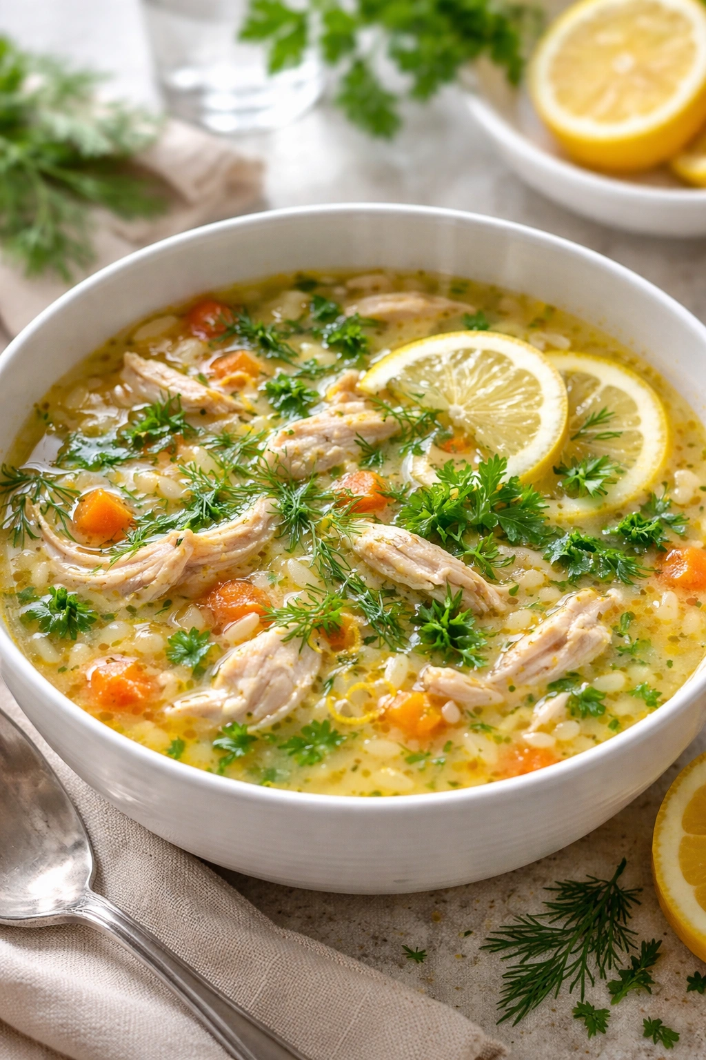Close-up of lemon chicken orzo soup with herbs in a steaming bowl