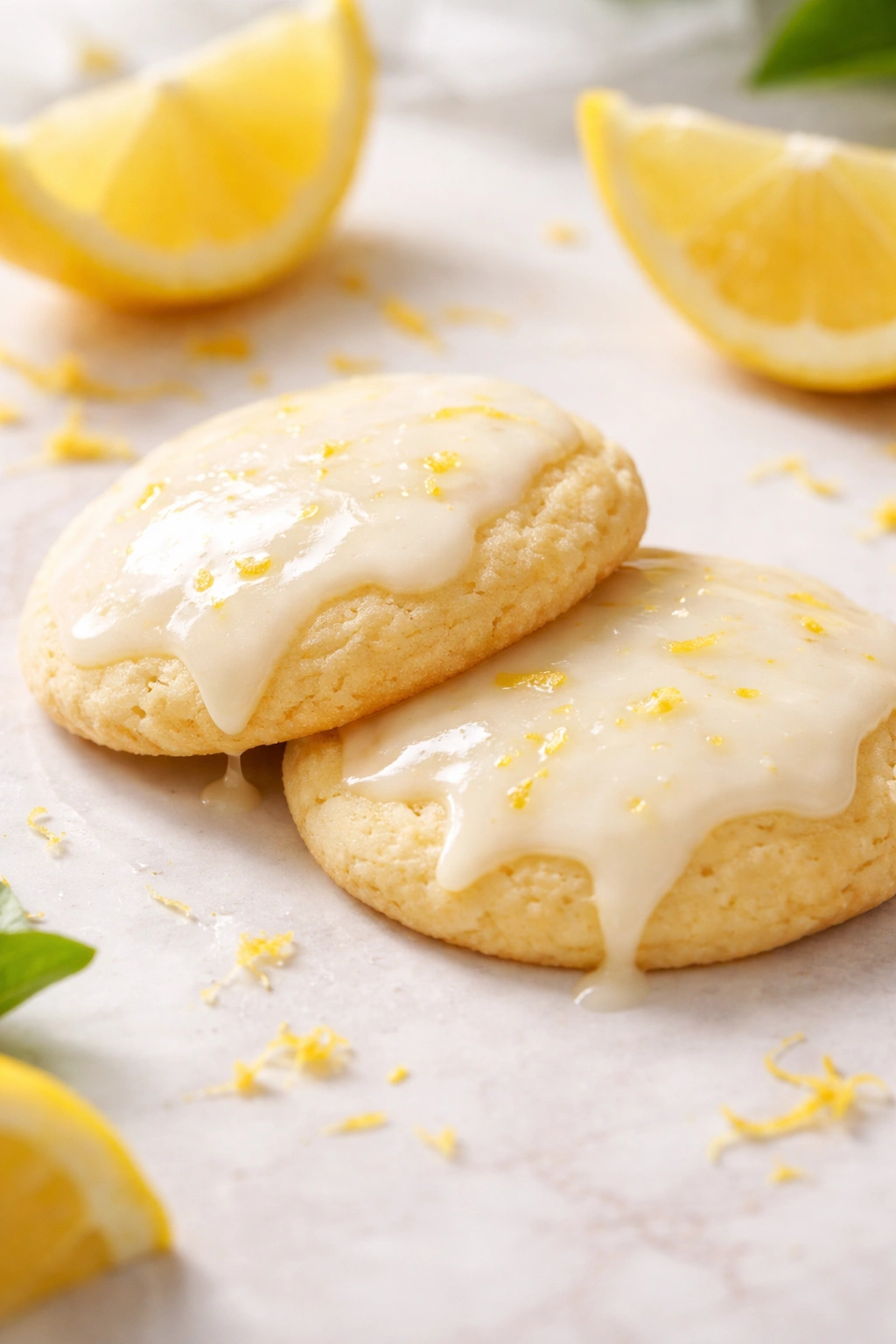 Lemon cookies with glossy glaze on pale surface