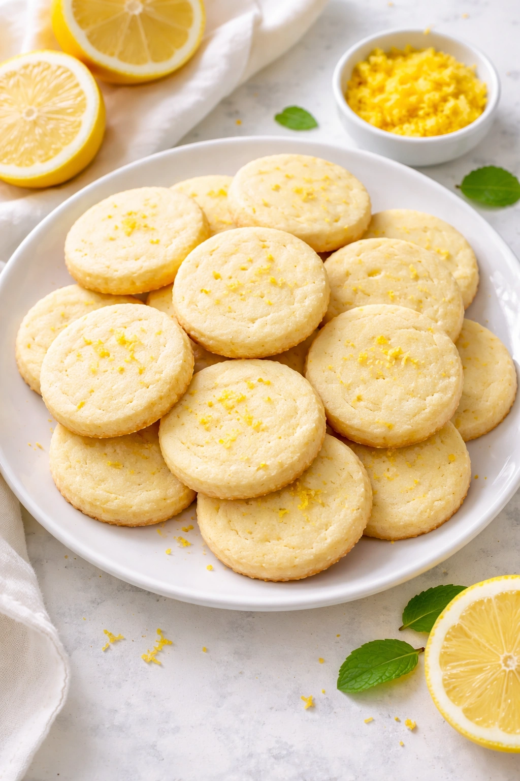 Plate of lemon icebox cookies with lemon zest on light background