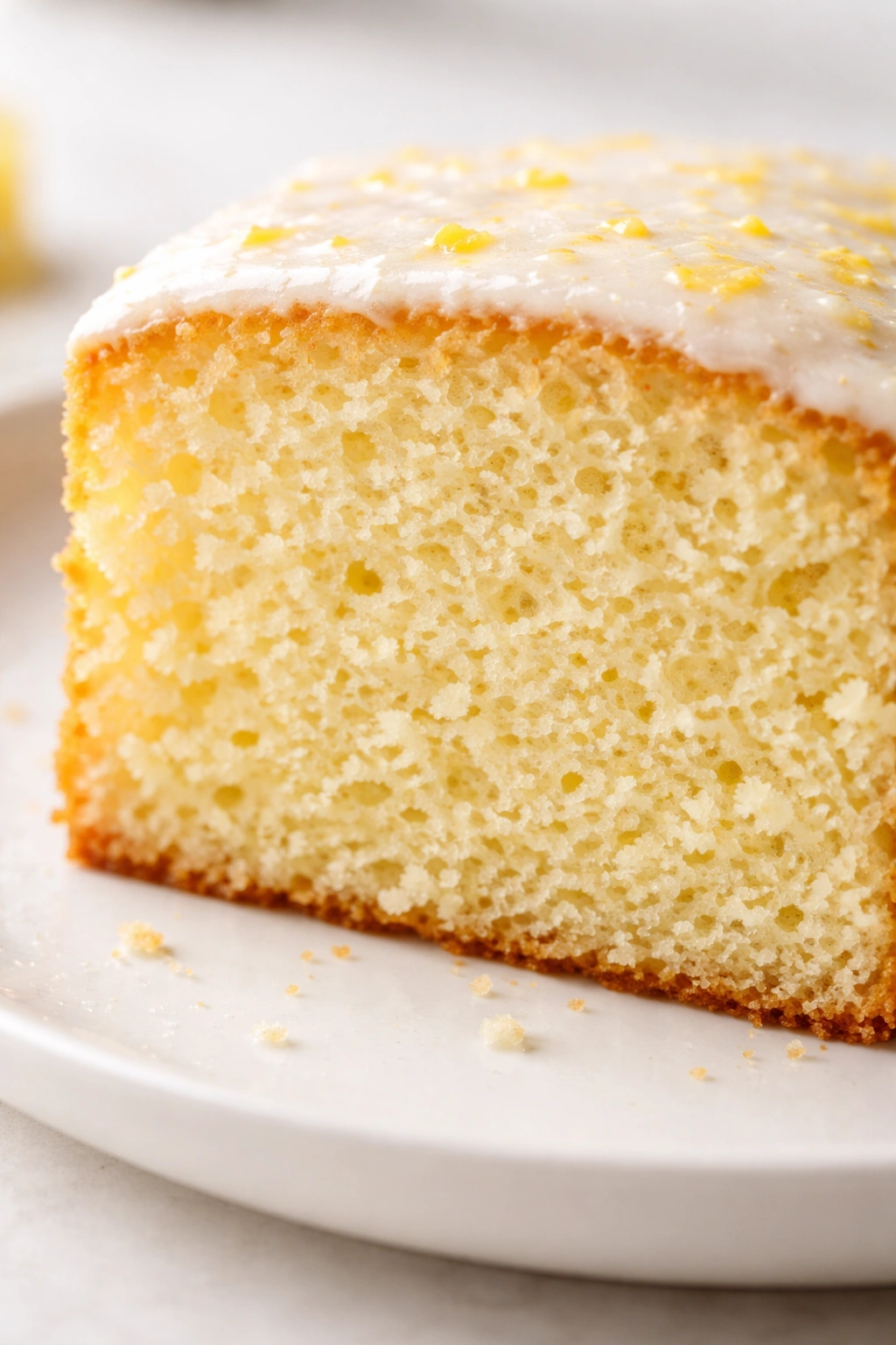 Close-up of lemon cake crumb with a tender, airy texture