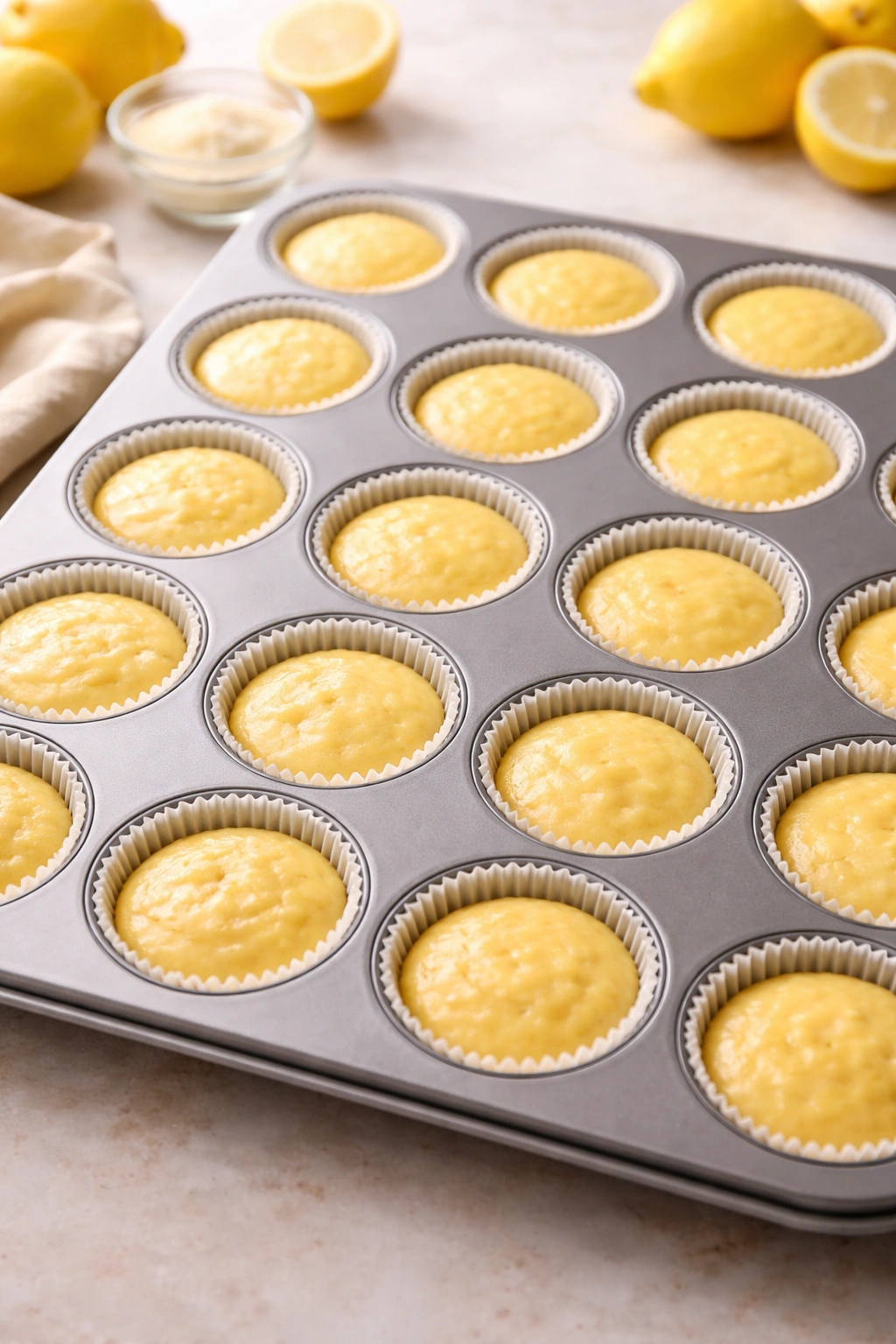 Lemon cupcakes in a muffin tin with liners on a neutral background
