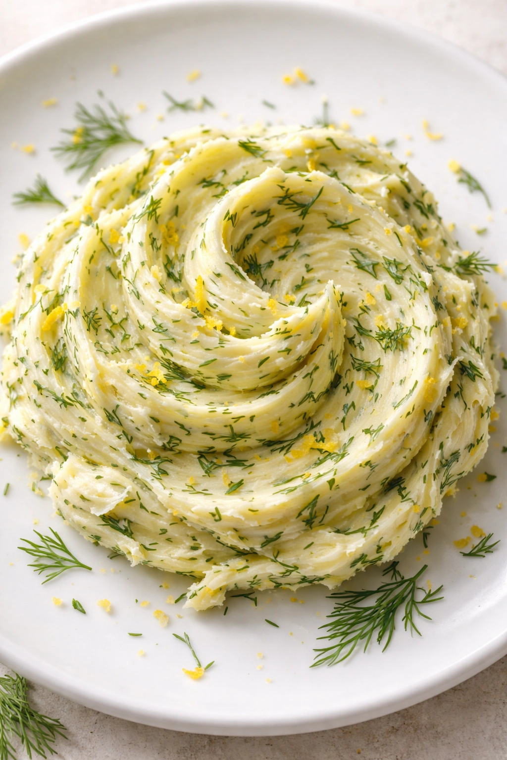 Butter with lemon zest and dill on white plate
