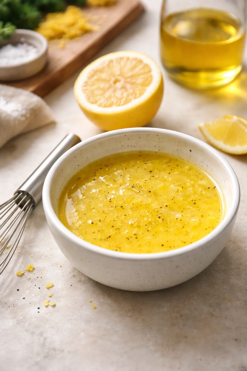 Glossy lemon vinaigrette in a bowl with a lemon half