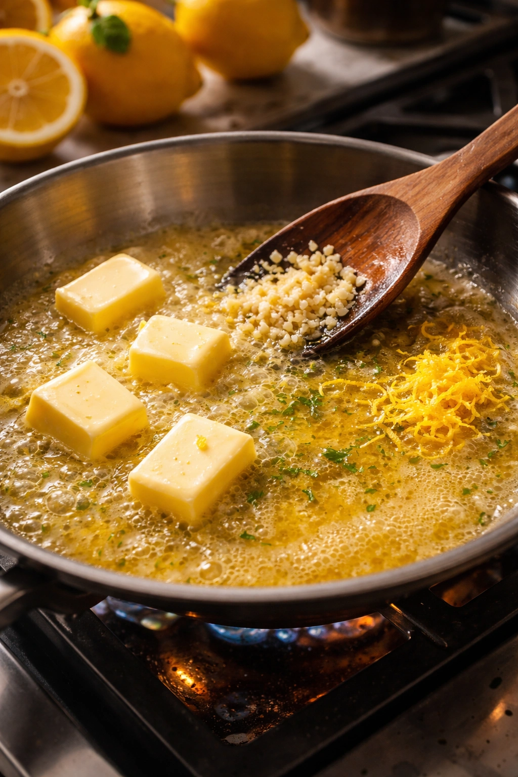 Butter melts with garlic and lemon zest in a skillet for finishing sauce.