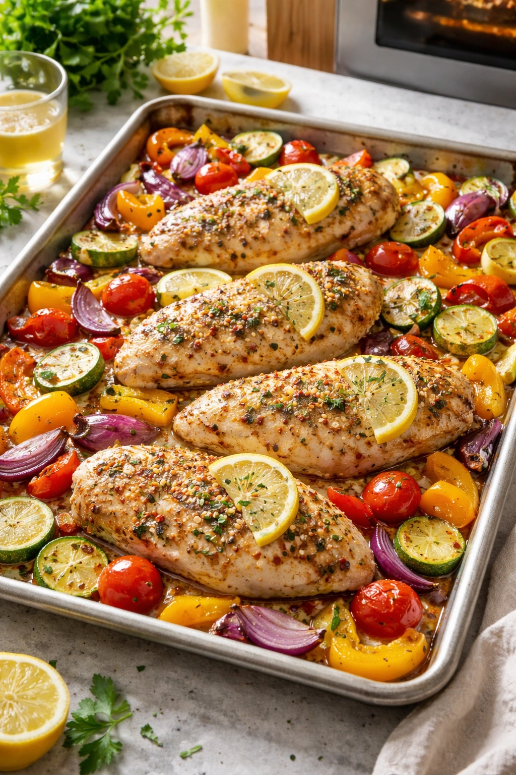 One-pan lemon garlic chicken with roasted vegetables on a sheet pan in bright kitchen