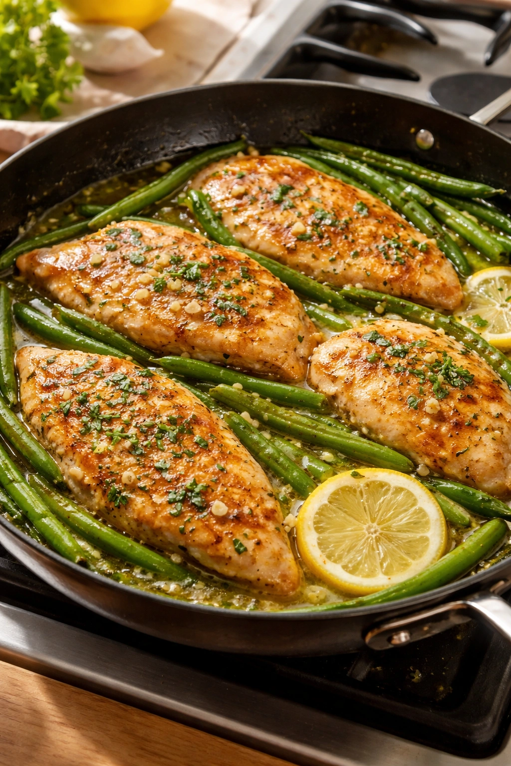 Lemon garlic butter chicken with green beans in a skillet