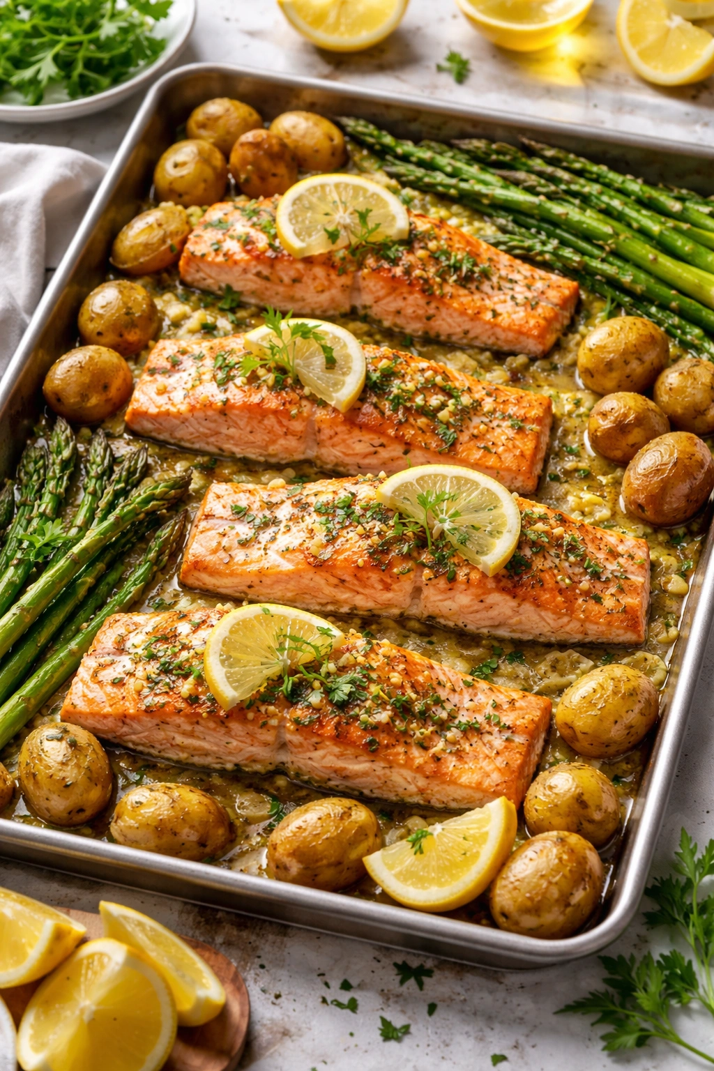 Salmon with lemon and asparagus on a sheet pan with potatoes