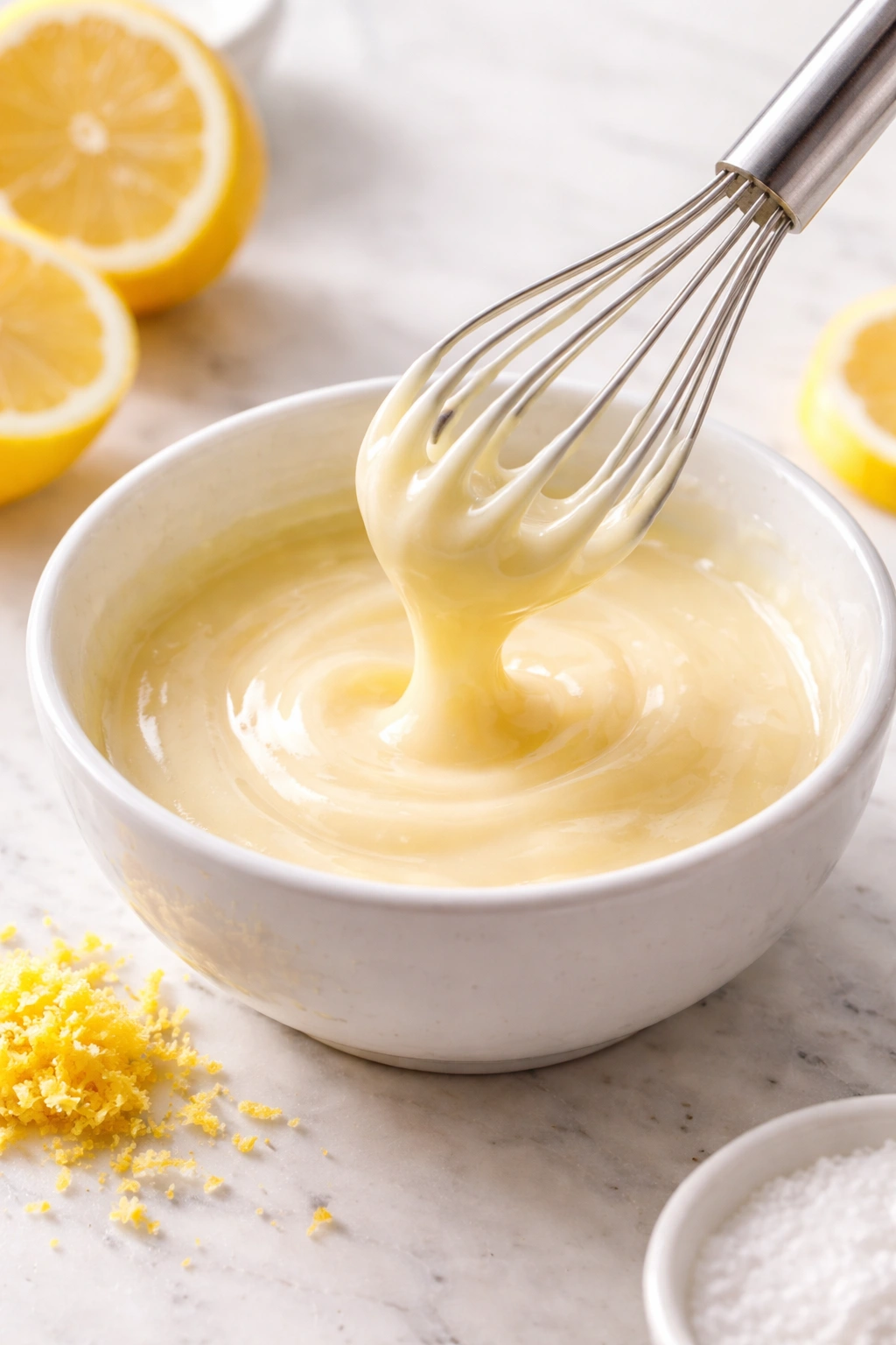 Glossy pale-yellow lemon glaze in a small bowl being whisked