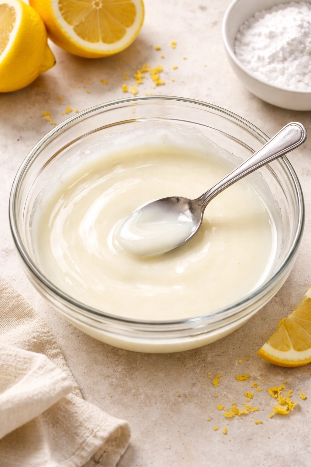Glossy lemon glaze in a glass bowl with a spoon on a neutral surface