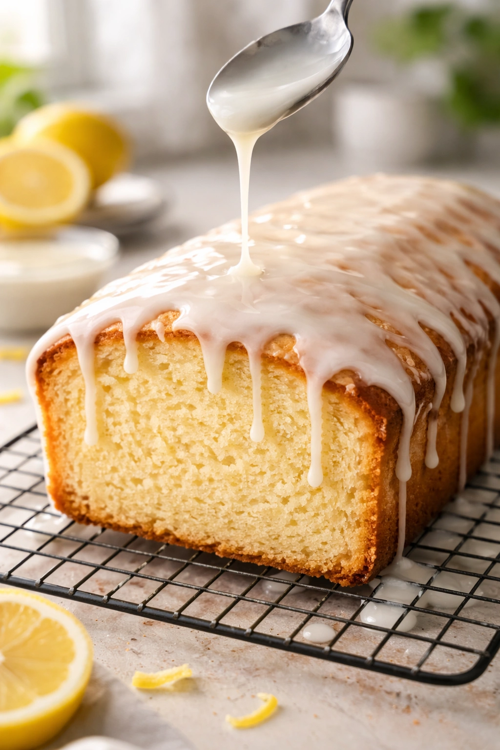 Lemon pound cake on a rack with glaze being poured, glossy surface