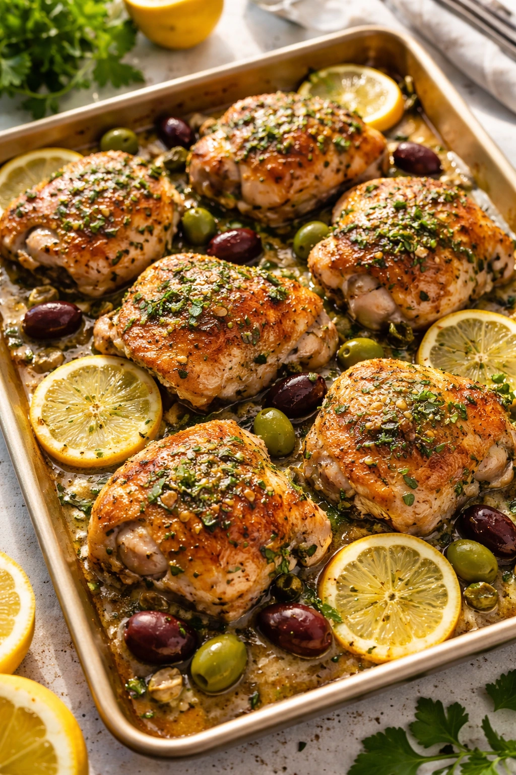 Juicy lemon-herb chicken thighs with olives on a sheet pan