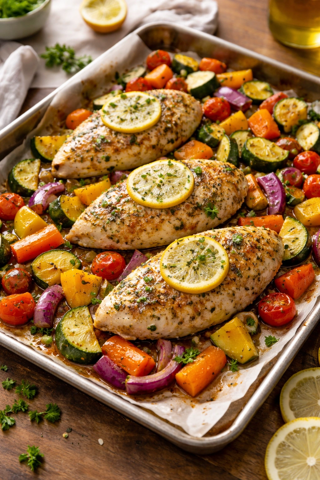 Close-up of baked lemon herb chicken with roasted vegetables on a sheet pan