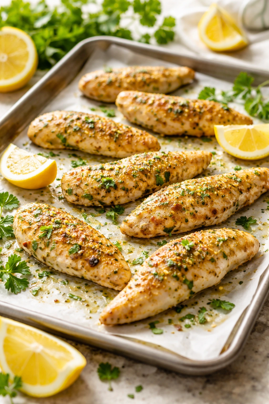 Lemon herb chicken tenders with herbs on a bright surface