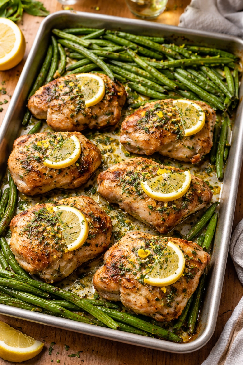 Roasted lemon herb chicken thighs with green beans on a pan