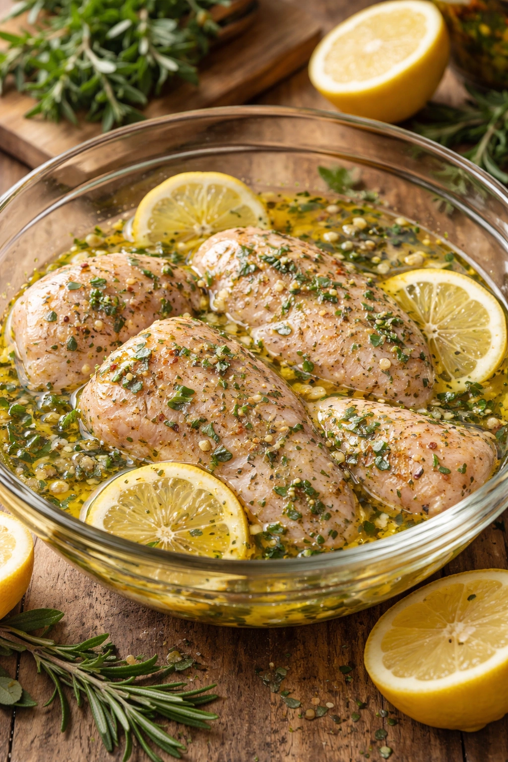 Close-up of chicken in lemon herb marinade with olive oil and herbs