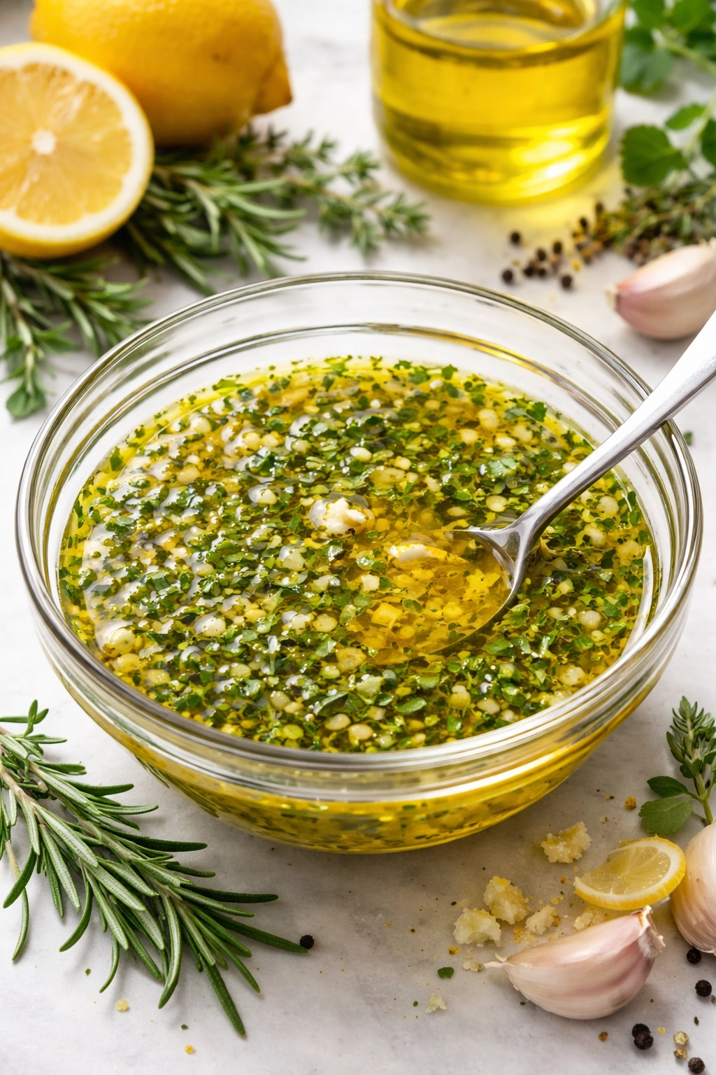 Glass bowl of lemon herb marinade with garlic and herbs