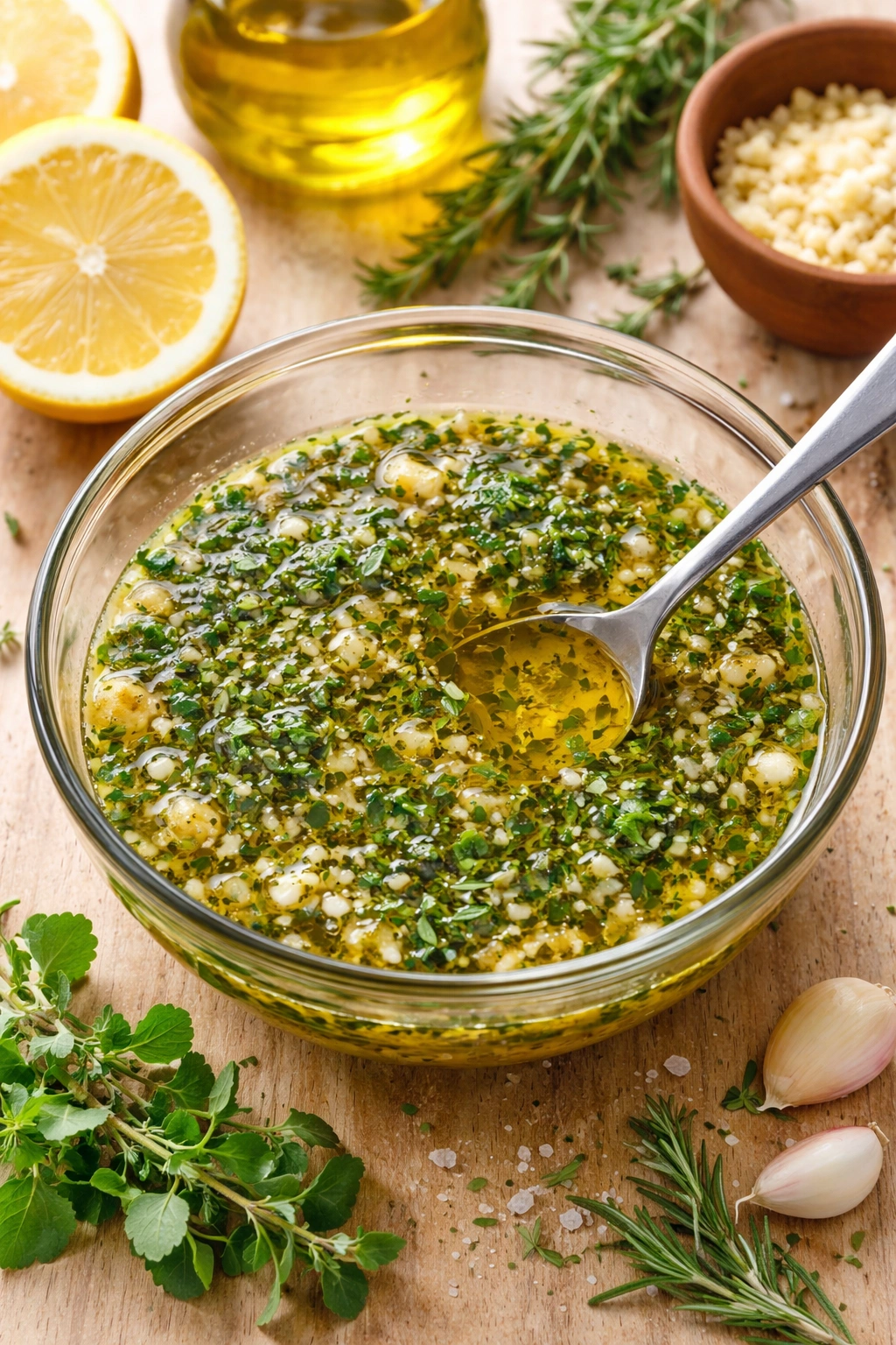 Lemon herb marinade with garlic and herbs in a glass bowl