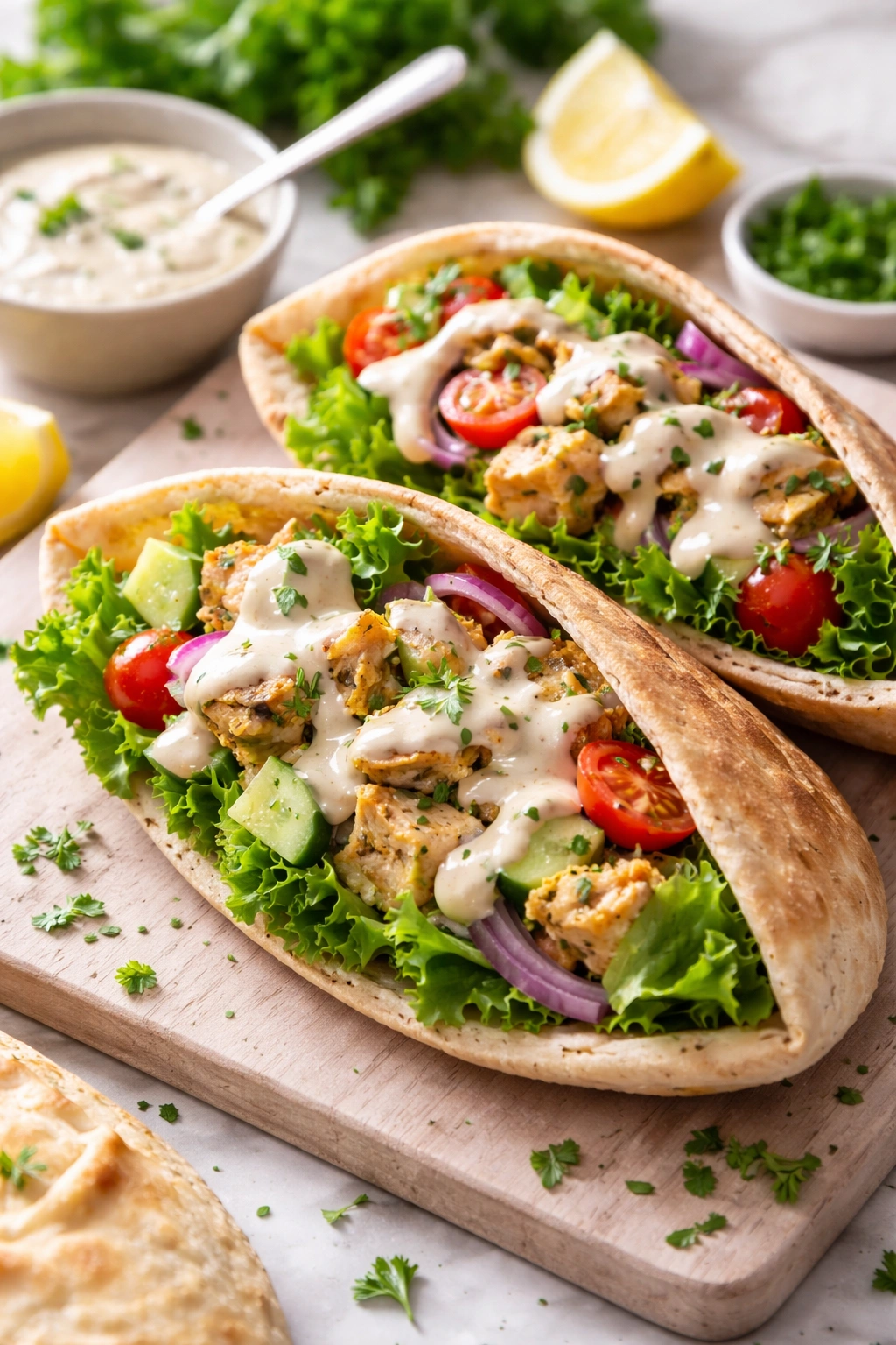 Lemon-herb chicken pita pockets with tahini sauce