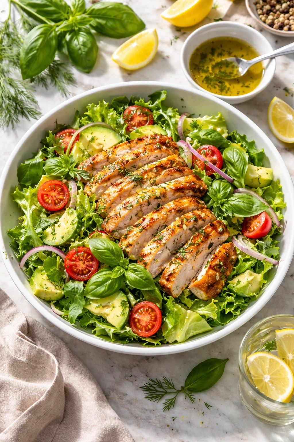Grilled chicken atop crisp romaine with lemon-herb dressing and fresh herbs.