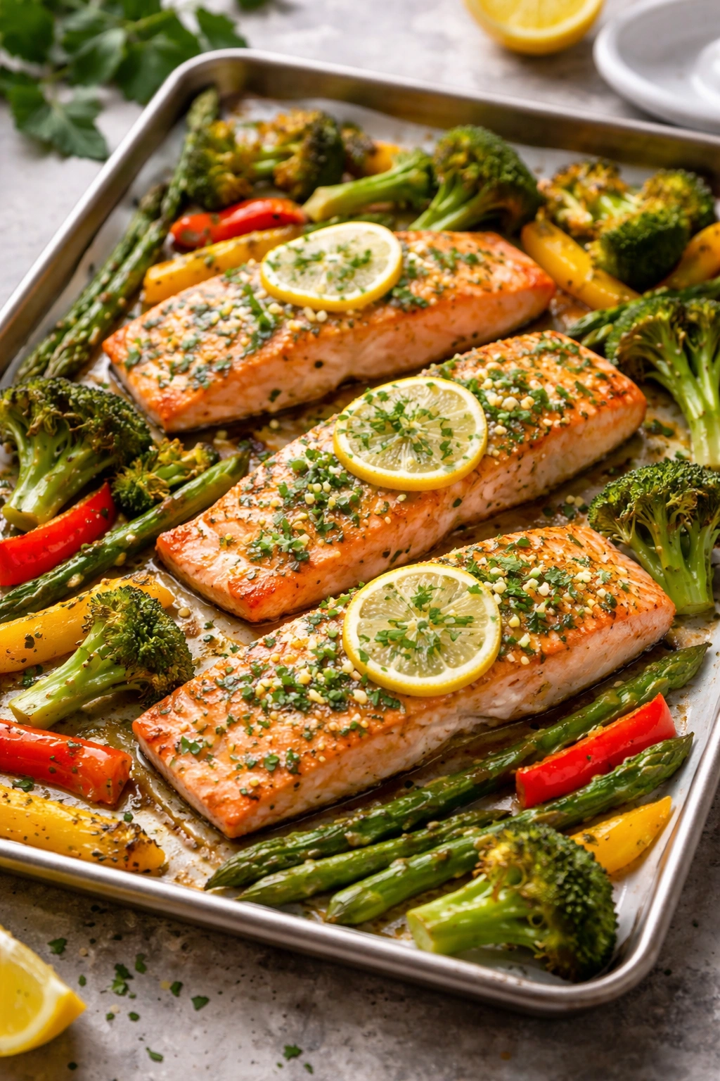 Lemon herb salmon with roasted vegetables on sheet pan