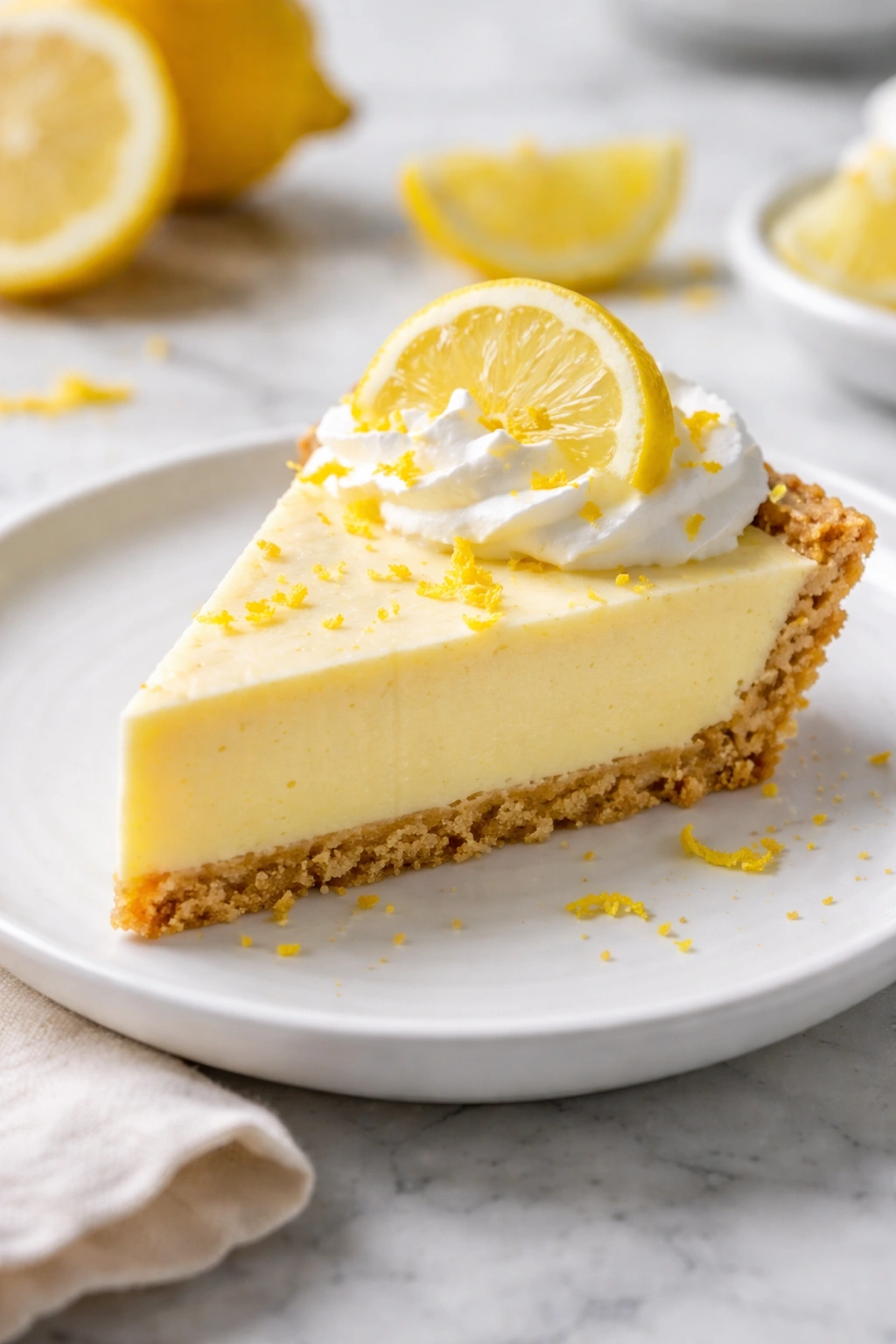 Slice of lemon icebox pie on plate with pale filling and crust.