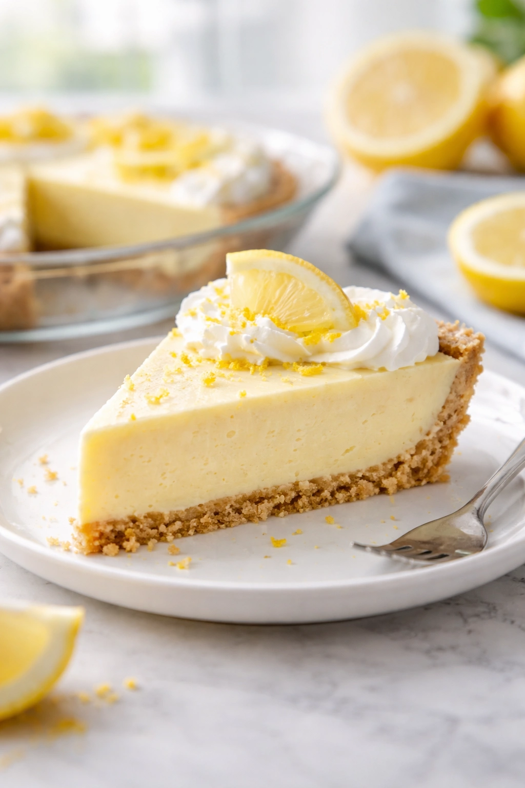 Slice of lemon icebox pie on plate with lemon filling