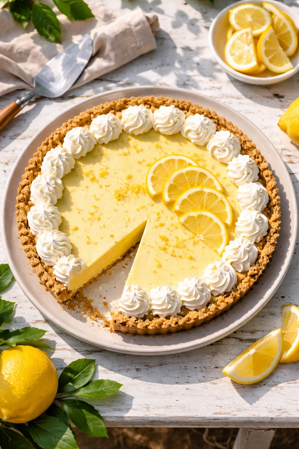 Lemon icebox pie on a neutral plate outdoors